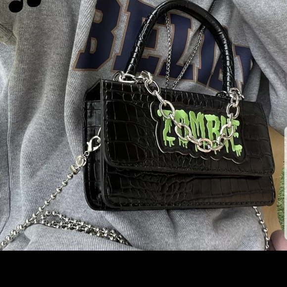 Y2K Punk Zombie Black Crocodile Print Patient Leather Sholder Bag! New! - Picture 5 of 13